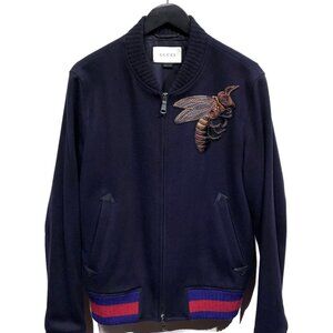 Gucci Navy Blue Bee Embroidered Wool Bomber Jacket
